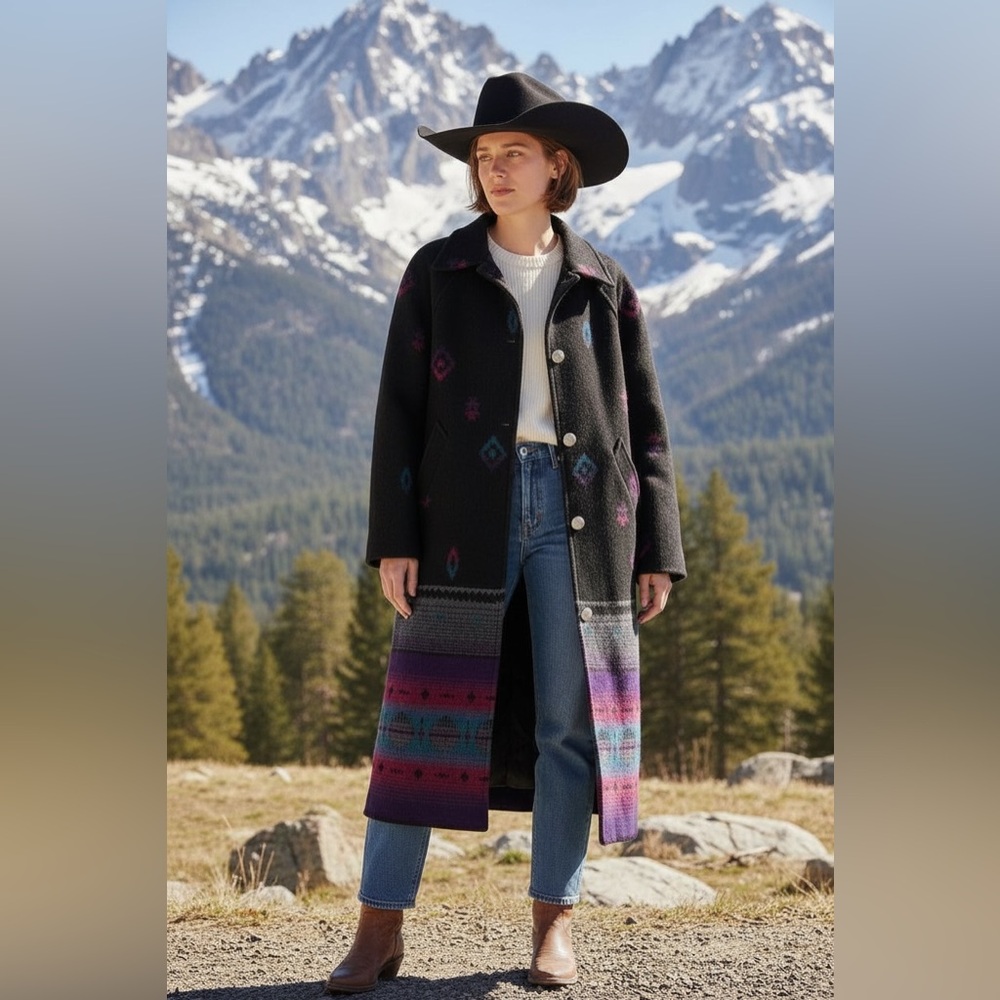 Vintage Wooded River Wool Blend‎ Long Coat Western Aztec Size XS